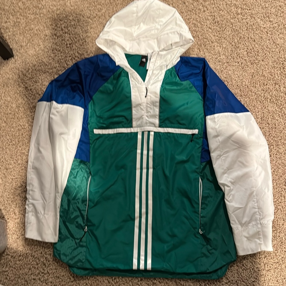 Adidas Jacket Mens Medium Green Blue Windbreaker 1/4 Zip Hoodie Lightweight